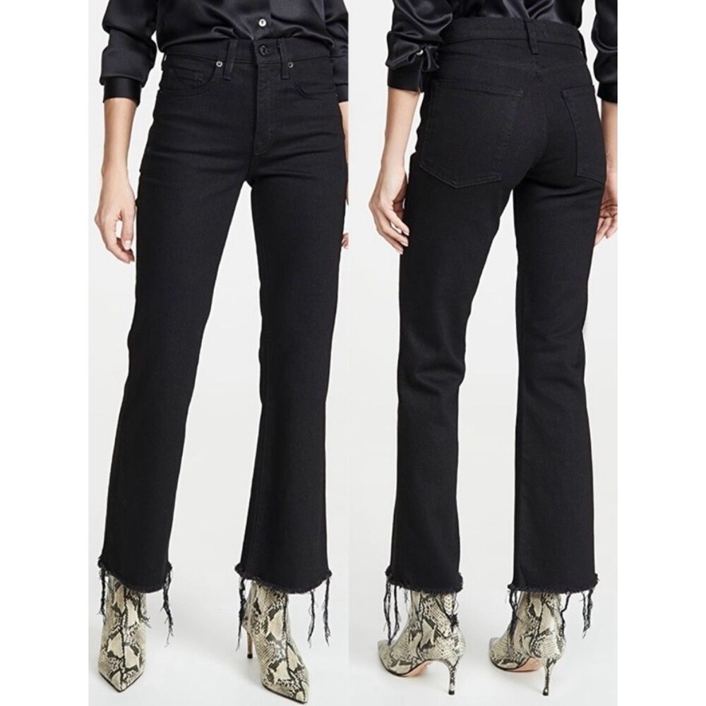 Nili Lotan Size 24 Vianca Raw Hem Flare Leg Jeans in Jet Black Stretch Denim